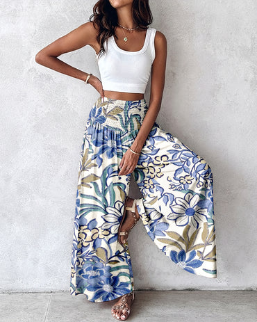 Vintage Floral Print High Waist Shirred Elastic Waist Wide Leg Pants