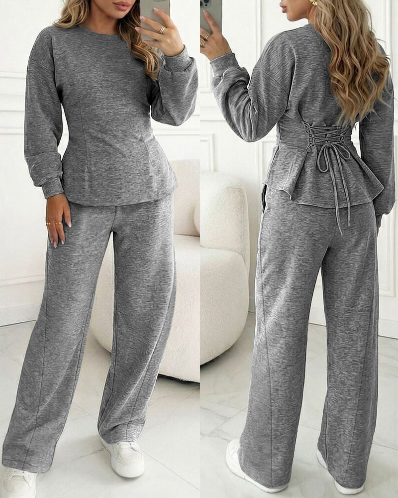 Women's 2 Piece Sweatsuit Set Long Sleeve Back Lace Up Pullover and High Waist Wide Leg Pants Lounge Tracksuit with Pockets
