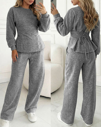 Women's 2 Piece Sweatsuit Set Long Sleeve Back Lace Up Pullover and High Waist Wide Leg Pants Lounge Tracksuit with Pockets