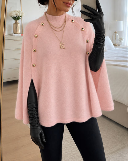 Suéter de punto holgado para mujer con cuello alto simulado, estilo «old money», capa, abertura lateral y mangas murciélago, cálido y acogedor para invierno