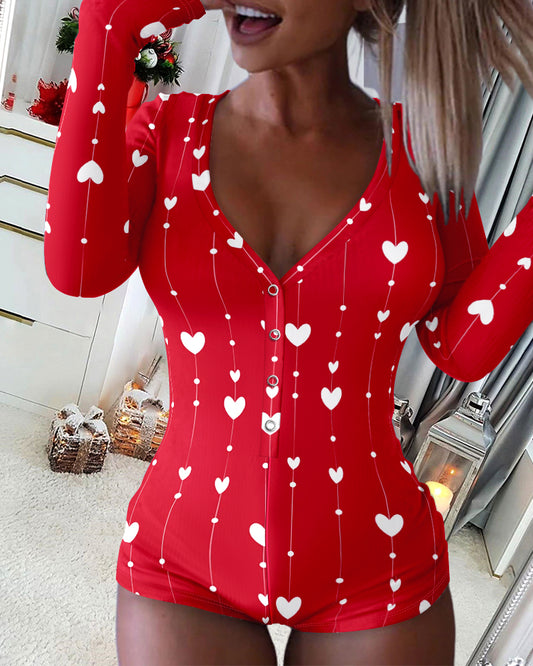 Heart Letter Pattern V-Neck Long Sleeve Rompers Sexy  Button Front Home Jumpsuit
