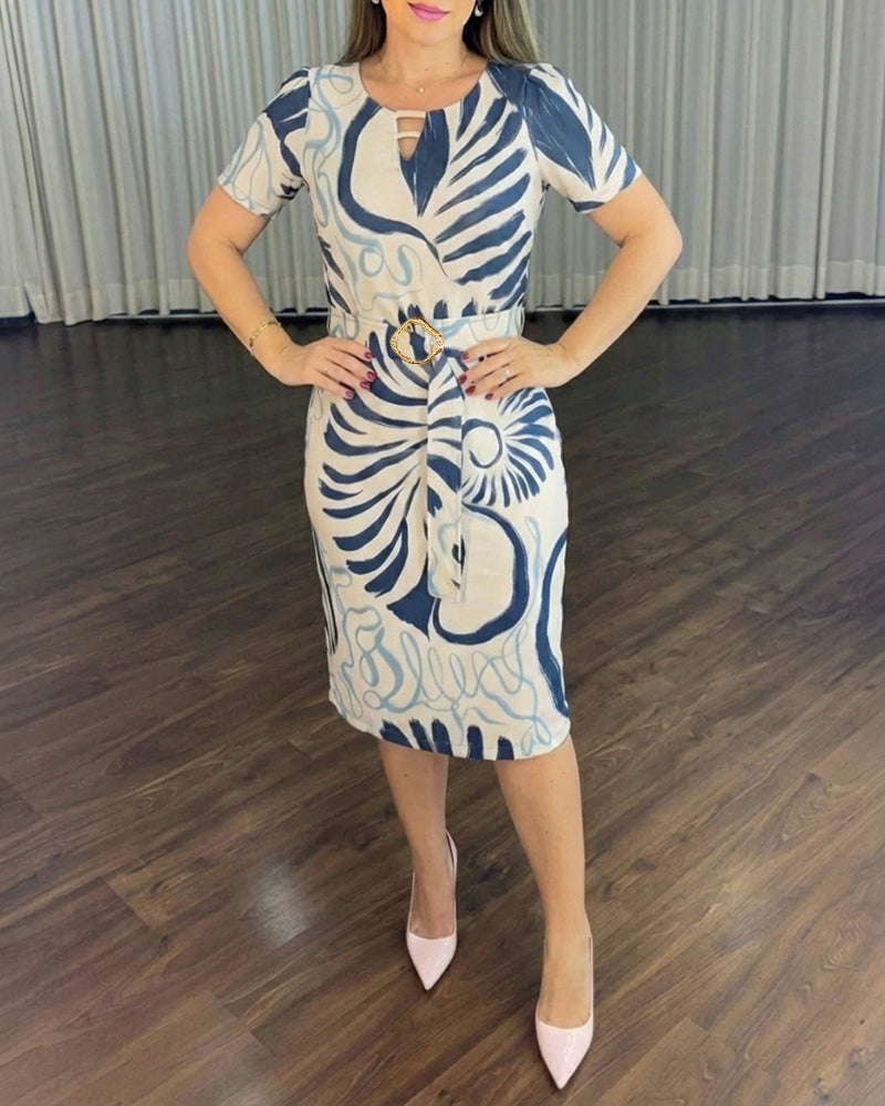 Abstract Print Short Sleeve Hollow-out Front Midi Dress with Belt