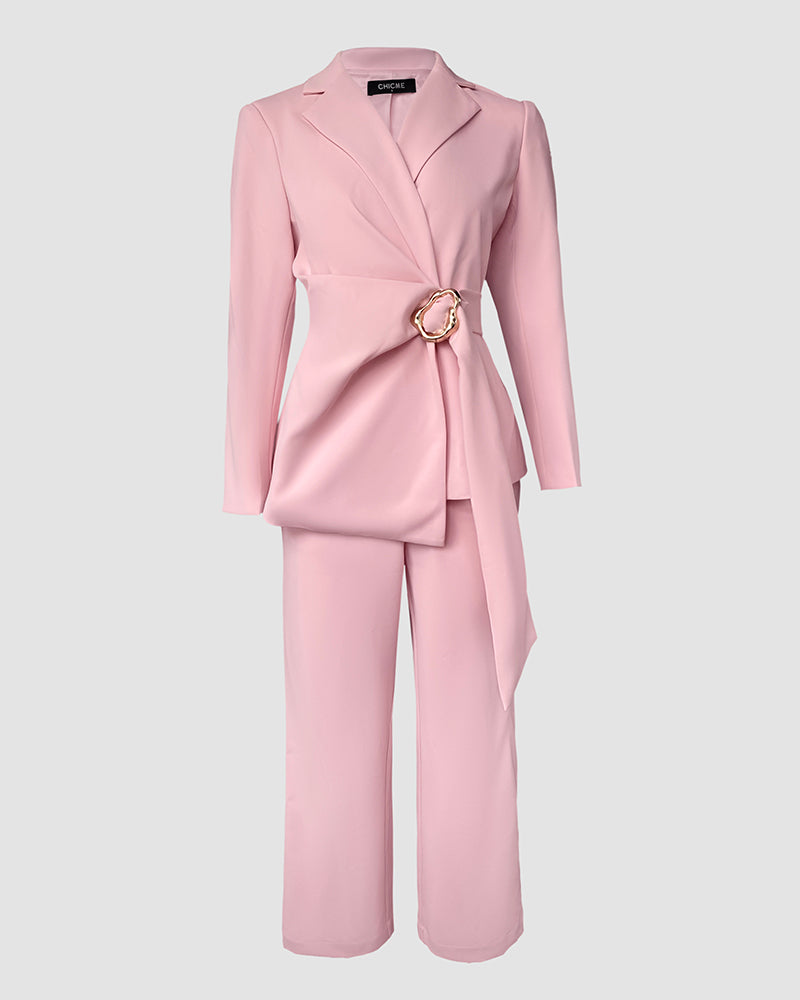 2 Pieces Outfit Metal Ring Decor Notched Collar Cinched Waist Wrap Front Coat and Zipper Fly Elastic Back Waist Pants Set Casual Blazer Set