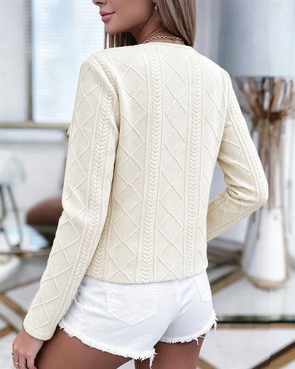 Women's French Style Cropped Jacket Round Neck Gold Button Coat Argyle Cable Jacquard Knit Outerwear
