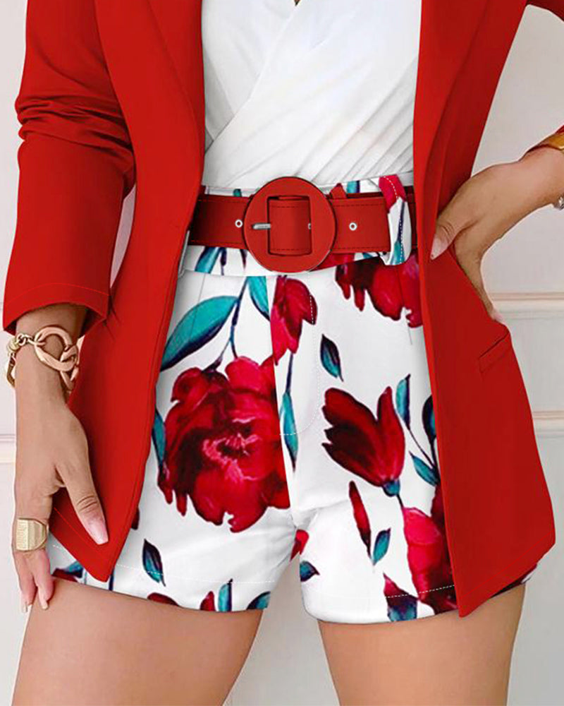 Women's 2-Piece Outfit Single-Breasted Blazer and Floral Print Shorts Set with Belt