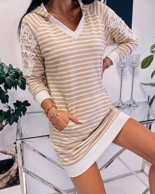 Women's Striped Lace Hooded Sweatshirt Dress Casual Long Sleeve V-Neck Mini Dress Pullover Dress with Pocket