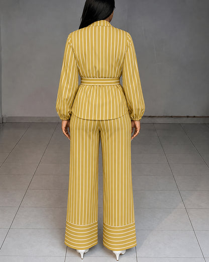 Women's Striped Two Piece Outfit Long Sleeve Shirt and High Waisted Straight Leg Pants Set with Belt Elegant Business Suits