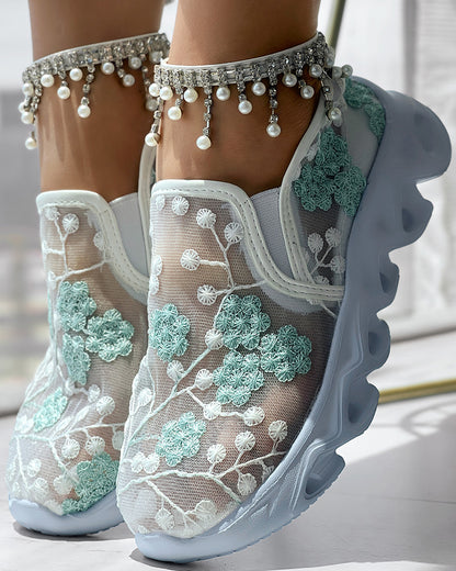 Floral Pattern Sheer Mesh Patch Round Toe Sneakers