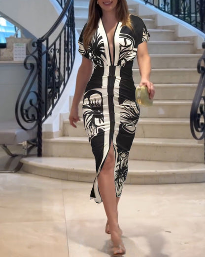 Floral Print Deep V Neck Short Sleeve Ruched Maxi Dress Casual Slit Front Vacation Dress