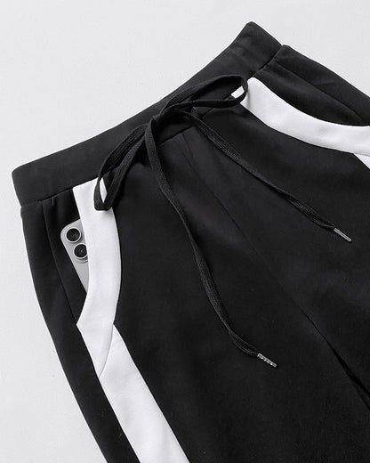 2 Pieces Outfit Half Zip Long Sleeve Top and Drawstring Elastic Waist Pants Set Casual Contrast Paneled Side Set