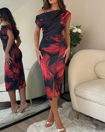 Women's Floral Print Skew Neck Mid-length Dress Ruched Wrapped Slit Bodycon Dress Elegant Party Cocktail Evening Gown