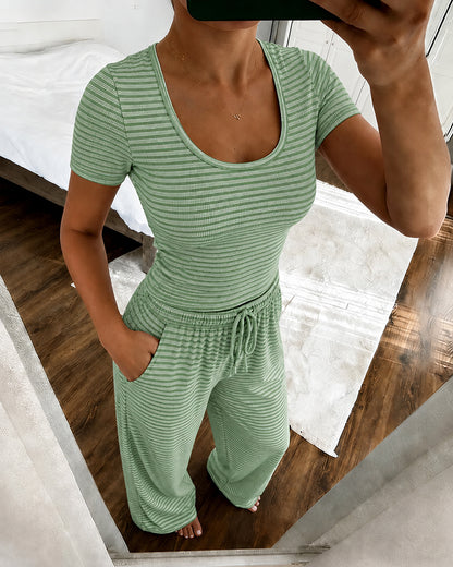 Women's 2 Piece Striped Pajama Set Short Sleeve Square Neck Crop Top and Wide Leg Pants Casual Loungewear