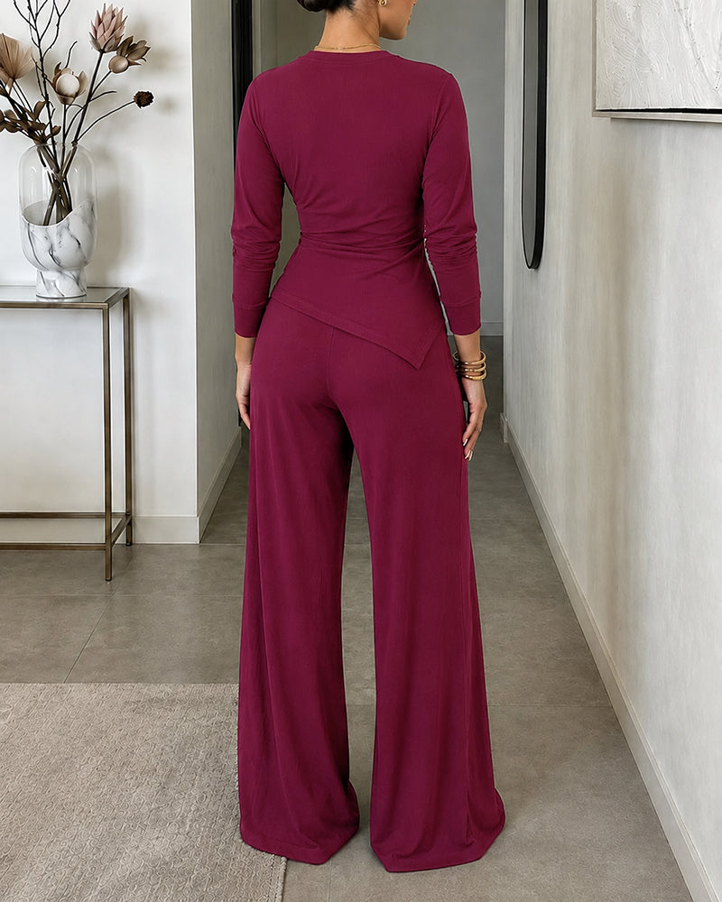Women's 2 Piece Ribbed Knit Set Gold Buckle Asymmetric Long Sleeve Draped Top and Wide Leg Pants Set