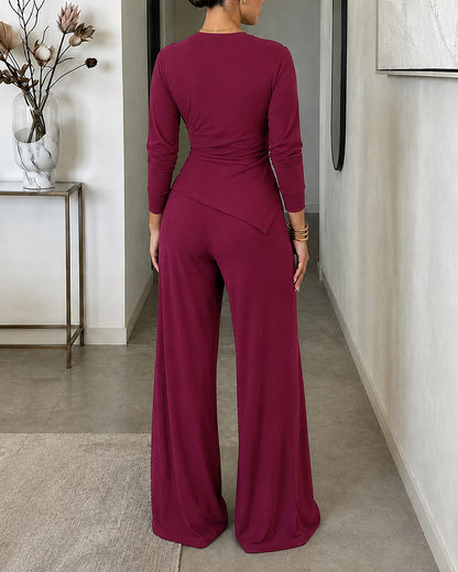 Women's 2 Piece Ribbed Knit Set Gold Buckle Asymmetric Long Sleeve Draped Top and Wide Leg Pants Set