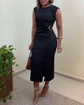 Women's Sleeveless Midi Dress Gold Buckle Ruched Front Slit Bodycon Dress