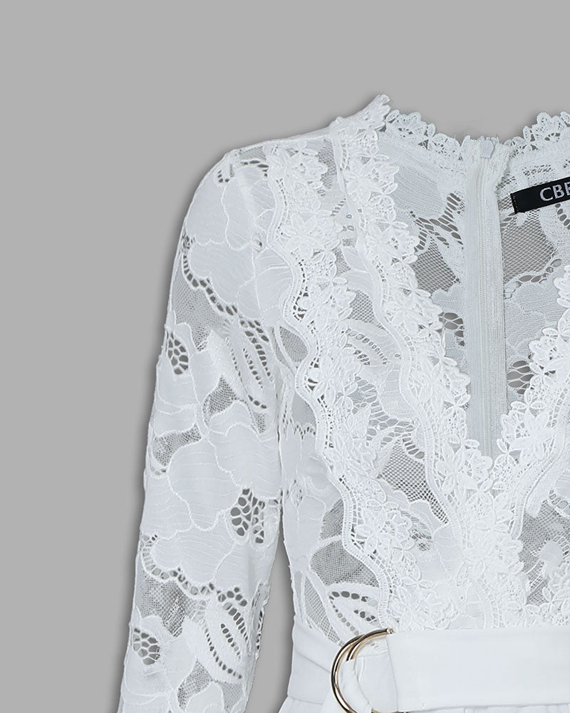 Crochet Lace Trim Deep V-Neck Floral Lace Spliced Ovearalls Casual Zipper Back Seam Front Jumpsuit with Belt