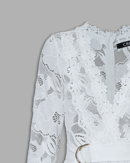 Crochet Lace Trim Deep V-Neck Floral Lace Spliced Ovearalls Casual Zipper Back Seam Front Jumpsuit with Belt