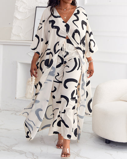 Women's 2 Piece Abstract Print Outfits V-Neck High Slit Longline Top and Wide Leg Pants Set Casual Loose Vacation Set