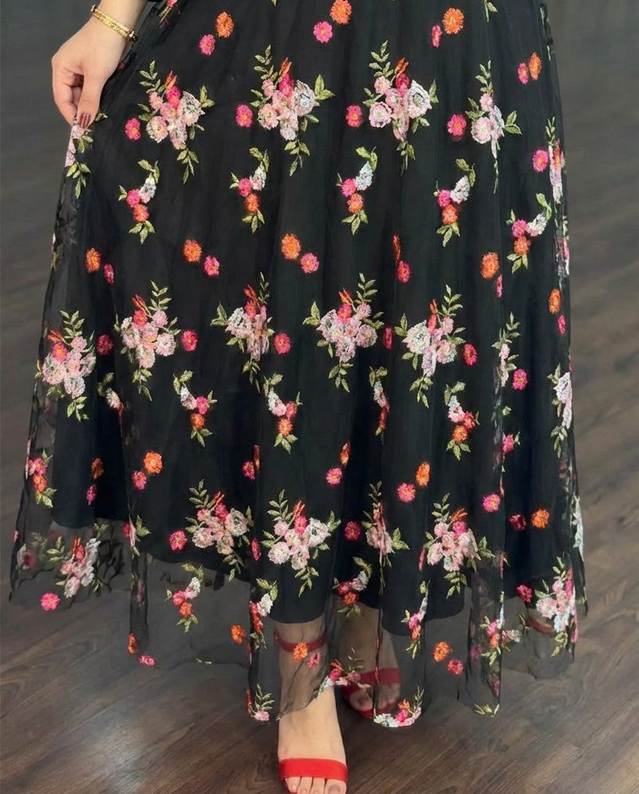 Vintage Square Neck Flared Cuffs Embroidered Floral Pattern Sheer Mesh Overlay Maxi Dress Elegant Shirred Back Cinched Waist Backless Evening Dress with Belt