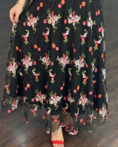 Vintage Square Neck Flared Cuffs Embroidered Floral Pattern Sheer Mesh Overlay Maxi Dress Elegant Shirred Back Cinched Waist Backless Evening Dress with Belt