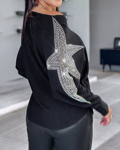Pullover Knit Sweaters Crewneck Batwing Sleeve Rhinestone Star Pattern Top