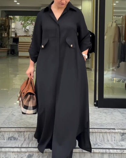 2 Pieces Outfit Turn-down Collar Turn-Up Sleeves Button Front Asymmetrical Hem Longline Blouse and Casual Elastic Waist Wide Leg Pants Set