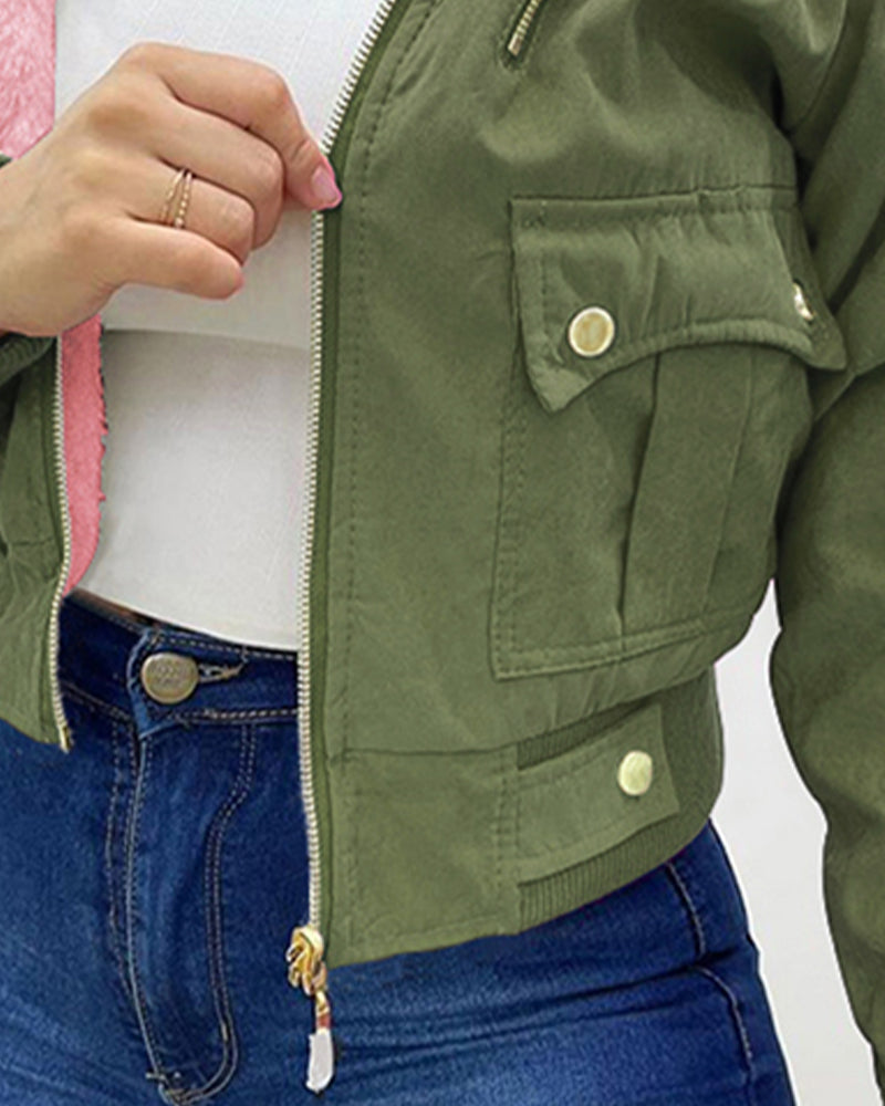 Fuzzy Trim Jacket Hooded Zip Up Fleece Lined Coat Outwear with Pockets