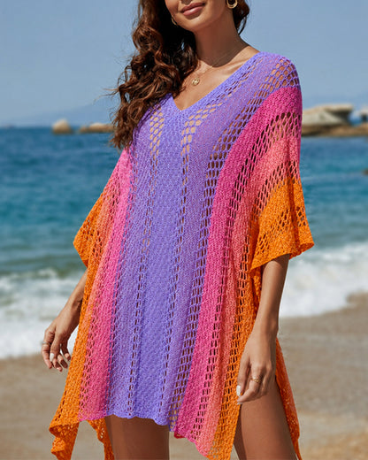 Women's Beach Cover Up Colorblock Stripe V Neck Batwing Sleeve Side Slit Cover Up