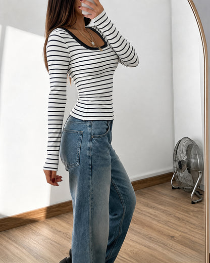 Women's Striped U-Neck Long Sleeve Top Contrast Trim Fitted T Shirt