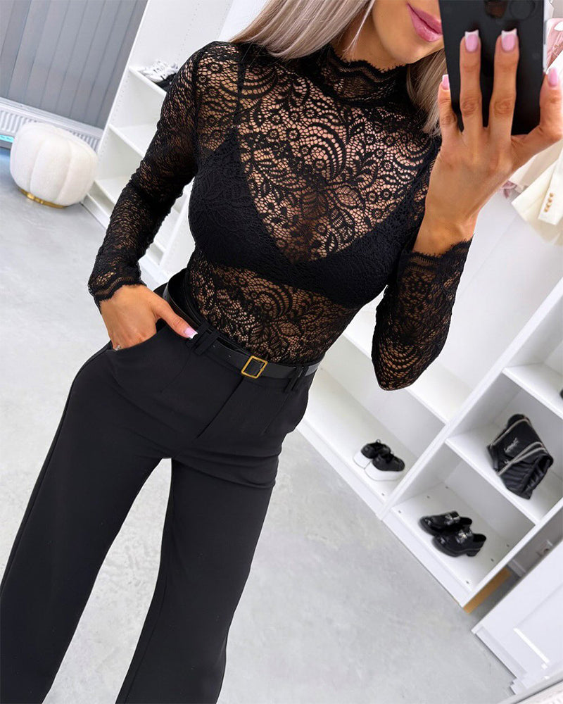 Women's Mock Neck Sheer Lace Top Long Sleeve See Through Layering Shirt