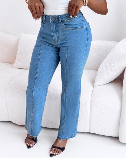 Seam Front High Wait Straight Leg Denim Pants Casual Zipper Fly Jeans