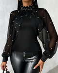 Pearls Decor High Neck Chiffon Draped Cape-style Cloak Sleeve Spliced Tee Ruched Hollow-out Back Slim Fit Top