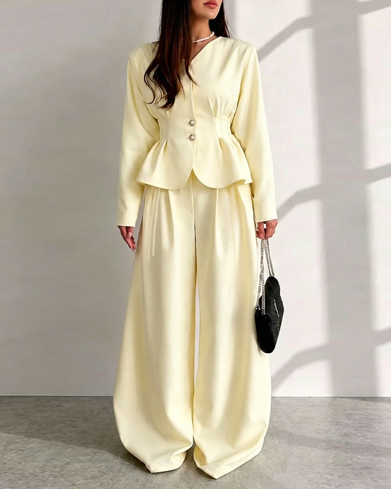 Women's 2 Piece Outfits V Neck Shirred Peplum Top and High Waist Wide Leg Pants Set