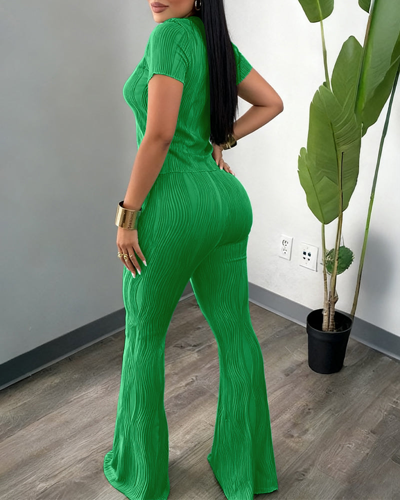 2 Pieces Outfit Round Neck Short Sleeve Crop Top and Elastic Waist Flared Pants Set Slim Fit Textured Set (Multiple Colors Available)