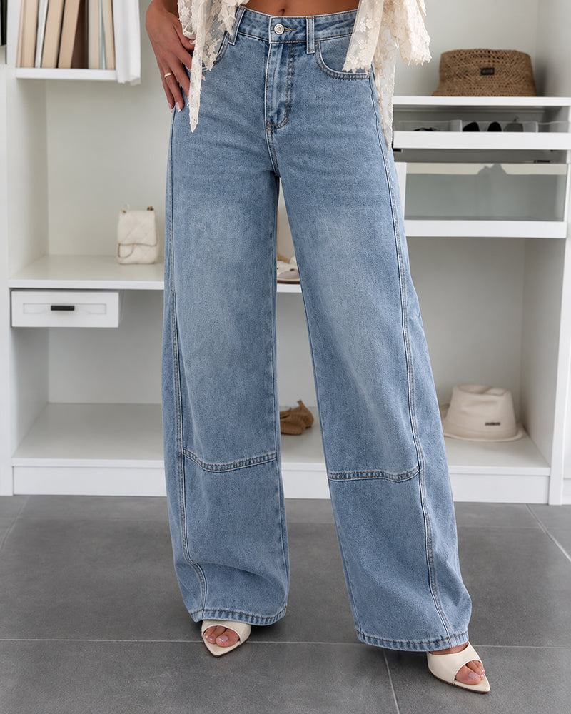 Women's High Waist Seam Detail Washed Wide Leg Cropped Jeans