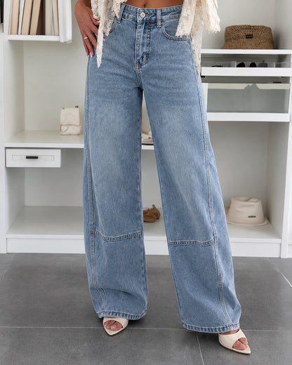 Women's High Waist Seam Detail Washed Wide Leg Cropped Jeans