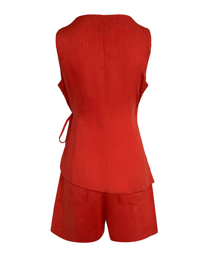 2 Pieces Outfit Plain Wrap V Neck Criss Cross Tied Detail Linen Top and Casual Pockets Patch Shorts Set