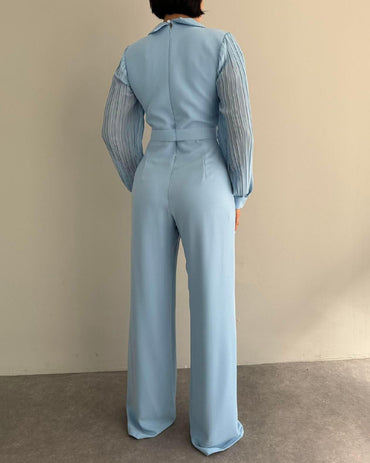 Rhinestone & Pearls Decor Lapel Collar Pleated Long Sleeve Wide Leg Overalls Casual High Waist Zipper Back Jumpsuit