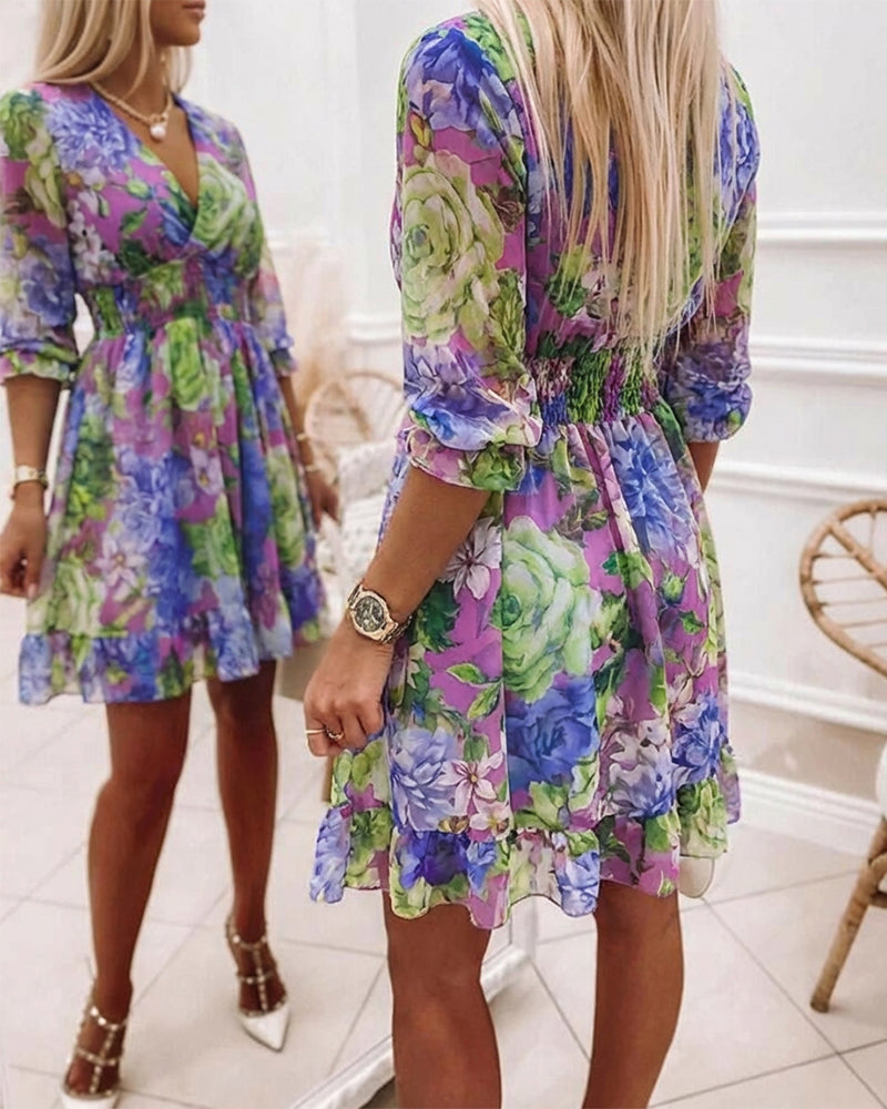 Floral Print Overlap V Neck Long Sleeve Shirred Waist Ruffle Hem Dress Casual Cinched Waist Flared Cuffs Chiffon Vacation Dress with Lining