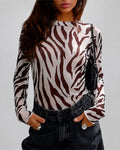 Women's Vintage Zebra Stripe Print Sheer Mesh Top Mock Neck Long Sleeve Slim Fit Frill Hem Layering Top