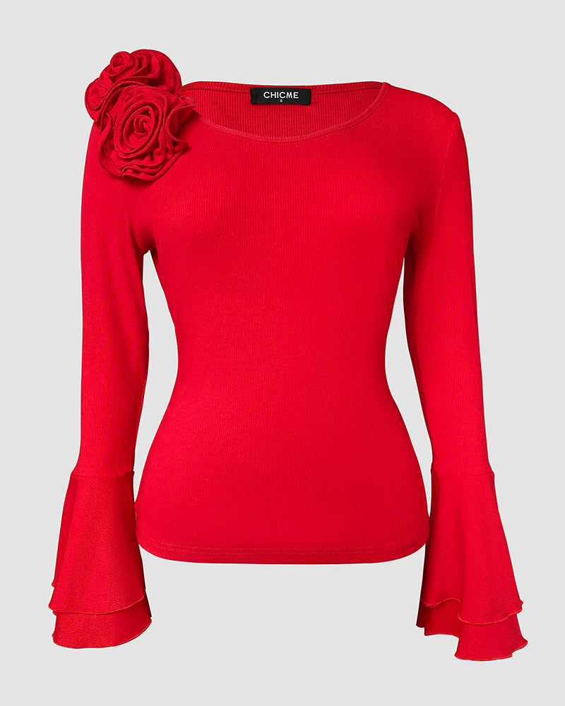 3D Flower Decor Scoop Neck Double Layer Flared Cuff Tee Slim Fit Ribbed Top