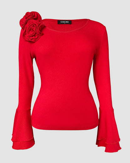 3D Flower Decor Scoop Neck Double Layer Flared Cuff Tee Slim Fit Ribbed Top