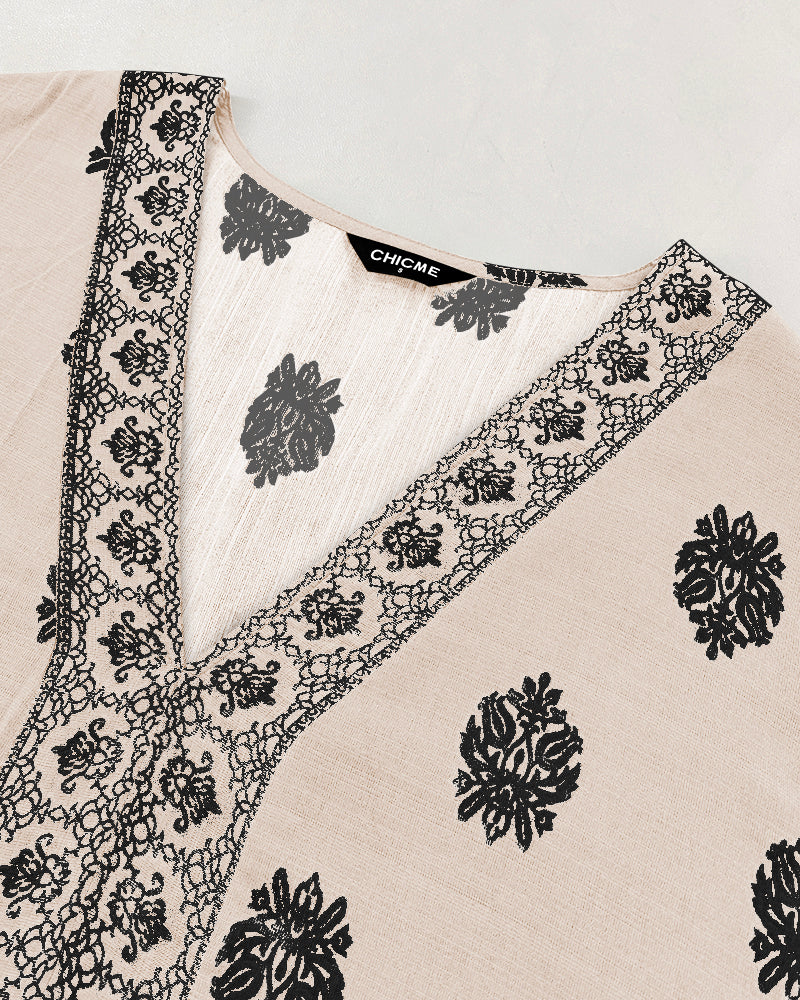 Floral Print V Neck Long Sleeve Blouse Casual Loose Fit Top