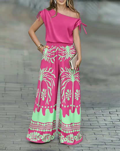 CHICME Women's 2 Piece Set Skew Neck Drawstring Top and High Waisted Wide Leg Tropical Print Pants with Pockets