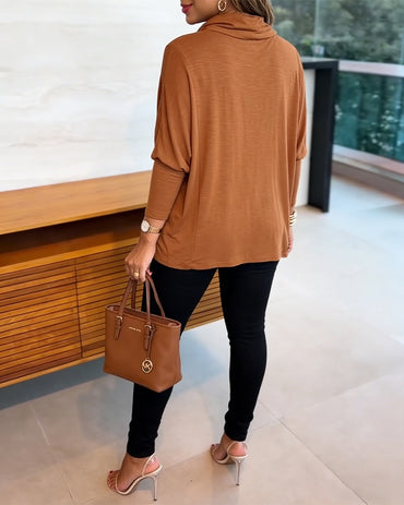 Women's Cowl Neck Batwing Sleeve Top Casual Long Sleeve Loose Pullover Comfortable Soft Drape Blouse