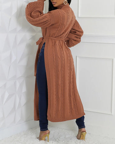 Cable Textured High Neck Lantern Sleeve Bow Tie Waist Sweater Casual High Slit Knit Longline Top