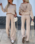 Women's Two-Piece Knit Set Long Sleeve Hoodie Top and Wide-Leg Pants Set Casual Cozy Lounge Outfit