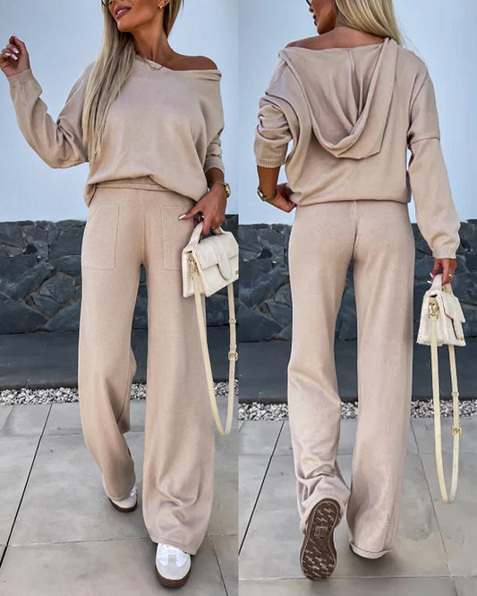 Women's Two-Piece Knit Set Long Sleeve Hoodie Top and Wide-Leg Pants Set Casual Cozy Lounge Outfit