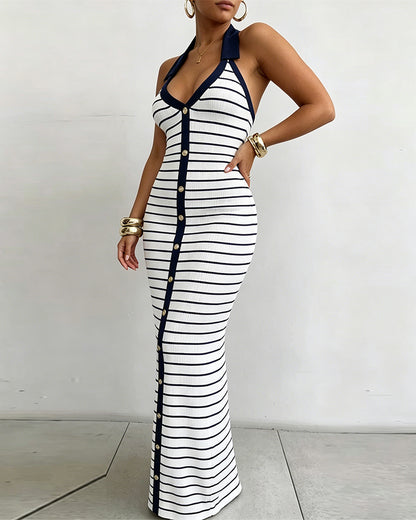 Women's Striped Halter Neck Ribbed Maxi Dress Elegant Gold Button Backless Deep V Lapel Collar Bodycon Dress