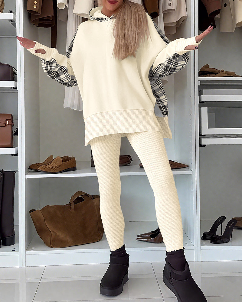 2 Pieces Outfit Plaid Print Spliced Drop Shoulder Side Slit Loose Sweatshirt with Thumb Hole Cuffs and Elastic Waist Slim Fit Ribbed Pants Set